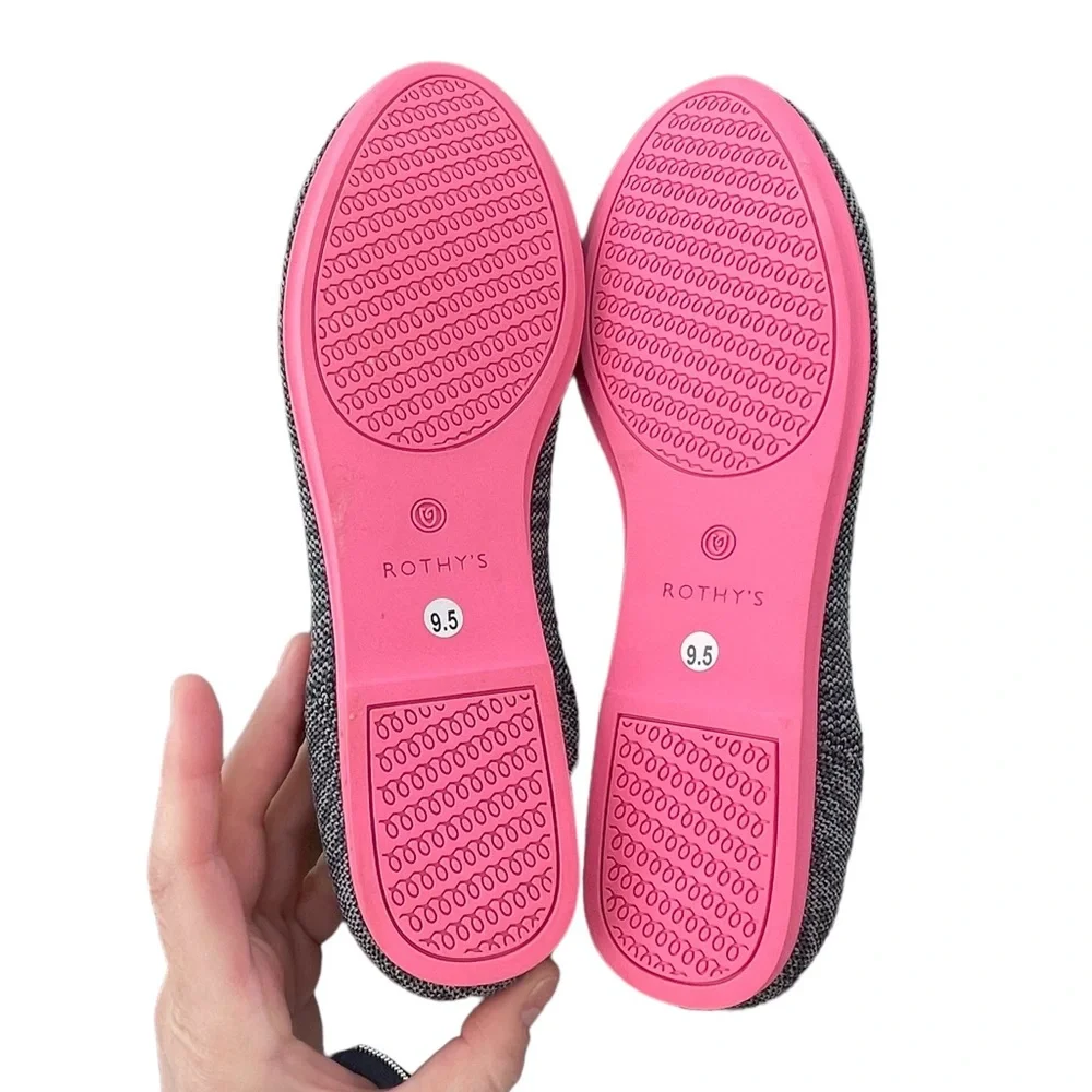 NEW Rothys Birdseye Charcoal Gray Round Toe Flats Blue Halo Pink Sole, Size 9.5